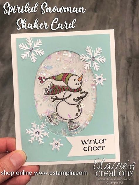 Spirited Snowman Shaker Cards Video Tutorial Shaker Cards Tutorial, Snowmen Cards, Papercraft Christmas Cards, Stampin Up Weihnachten, Cards Tutorial, Cheers Card, Snowman Christmas Cards, Snowman Cards, Stampin Up Christmas Cards