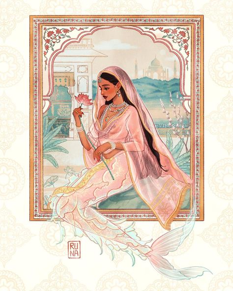 “The Siren of Agra” Mughal Empire Mermaid for #historicalmermay hosted by @chloe.z.arts I’m happy to finally be able to share this… | Instagram Ancient Indian Paintings, Illustration Stationery, Mughal Art Paintings, Indian Illustration, Mughal Empire, Lotus Art, Z Arts, Indian Paintings, Design Posters