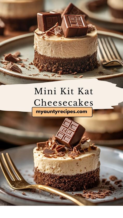 Try these Kit Kat Mini Cheesecakes for a fun, bite-sized treat! With a Kit Kat base and rich cheesecake filling, they’re a chocolate lover’s dream. Simple to make and absolutely delicious! Kit Kat Cheesecake No Bake, Kit Kat Cake Recipe, No Bake Kit Kat Cheesecake, No Bake Milk And White Chocolate Kit Kat Cheesecake, Kit Kat Dessert Recipes, Mini No Bake Cheesecake Recipes, Kit Kat Dessert, Kit Kat Recipes, Kit Kat Cheesecake