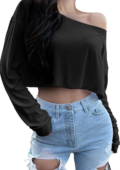 Blocac Off Shoulder Crop Top for Women Workout Gym Dance Top Spring Summer Top Boat Neck Loose Casual Long Sleeve T Shirt at Amazon Women’s Clothing store Women Workout Gym, Gym Dance, Crop Top For Women, Women Workout, Dance Tops, Off Shoulder Crop Top, Loose Fitting Tops, Top For Women, Spring Tops