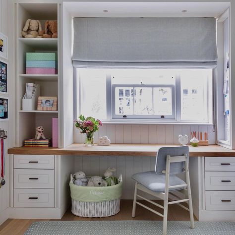 Kids Window Desk, Window Built In Desk, Cupboard With Desk Built Ins, Built In Shelf And Desk, Desk Built In Around Window, Study Desk In Front Of Window, Desks In Front Of Windows, Built In Desk Below Window, Small Kids Room With Desk