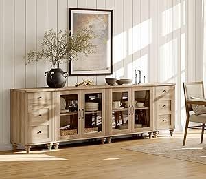 The 4-in-1 large buffet table can be used separately as two glass cabinets and two end tables. In addition to kitchen buffet cabinet, it can be used as entertainment center, console table, etc. Dimension of Glass Cabinet: 33.9"×15.7"×30.9"(L×W×H). Dimension of Side Table: 16.5"×15.7"×30.9"(L×W×H). They are sent separately in three packages, so you may receive them at different times. Coffee Bar Tables, Kitchen Buffet Cabinet, Writing Room, Dining Ideas, Wide Sideboard, Kitchen Buffet, Large Sideboard, Glass Cabinet Doors, Buffet Cabinet