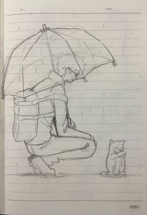 Cat In The Rain Drawing, Rain Scenery Drawing, Sharing Umbrella Drawing, Rain Season Drawing, Umbrella Drawing Reference, Rain Drawing Sketches, Rain Reference, Umbrella Reference, Umbrella Doodle