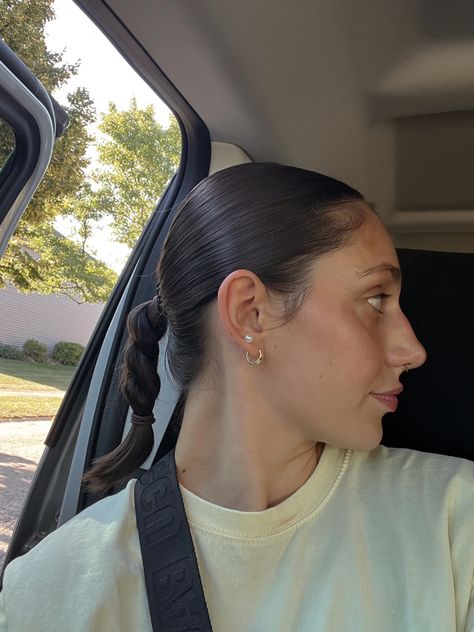 Side profile. Car selfies. Fall. Slick back. Slick back braid. Short hair hairstyles. Short hairstyles. Earrings. Glowy skincare. Short Braid Ponytail, Slick Back Short Hair, Slick Back Braid, Braid Short Hair, Braid With Ribbon, Glowy Skincare, Car Selfies, Back Braid, Short Hair Hairstyles