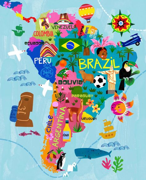 Map of South America by Emma Jayne

#iloveillustrators #childrens_illustration #best_of_illustrations #nonfictionforkids #southamerica #southamericamap #maps #map #mapdesign #illustratedmap #childrensillustration #surfacedesigner #moreillustrations Central And South America Map, South America Map Aesthetic, South America Aesthetic, America Map Illustration, America Illustration, Map Of South America, Maps Aesthetic, South America Map, Illustrated Maps