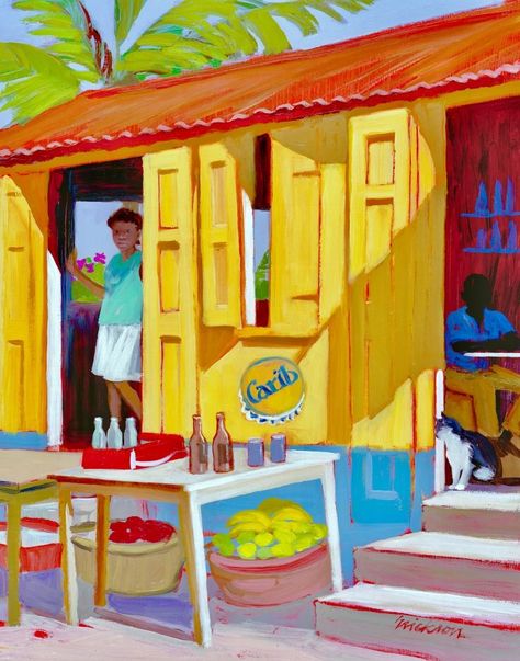 Caribbean Art West Indies, West Indies Art, Case Creole, Caribbean Colors, Arte Folk, Tropical Painting, The Virgin Islands, Cartoon House, Caribbean Culture