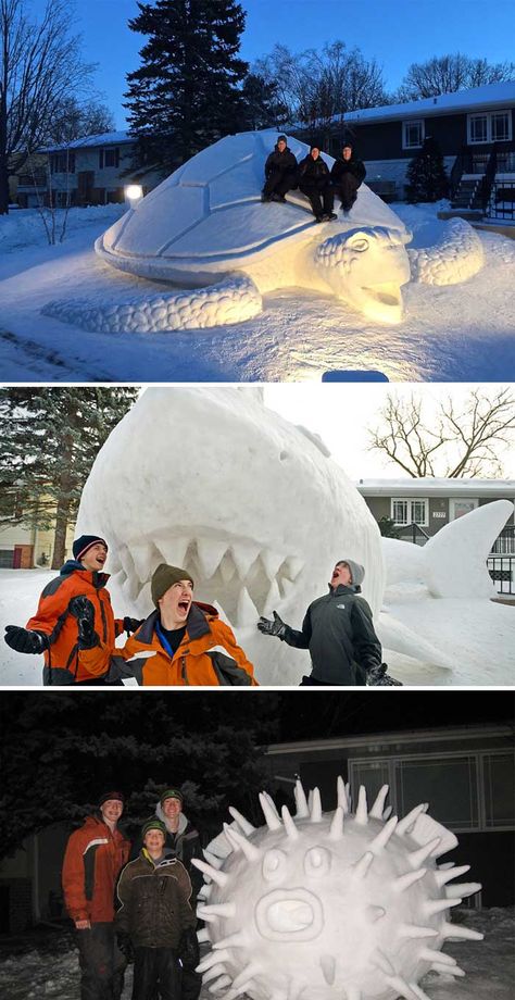 Every Year, These 3 Brothers Make A Giant Snow Sculpture In Their Front Yard Real Snowman Ideas, Snow Sculptures Ideas, Snow Sculptures Easy Ideas, Snow Sculptures Easy, Snow Sculpture Ideas, Funny Snowman Ideas, Ice Statue, The Snowman Movie, Snow Creations