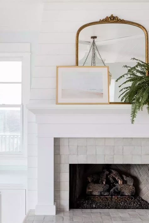 35 Mantel Décor Ideas That Look Amazing in Any Space Coastal Fireplace Ideas, Beach House Fireplace, Beach House Inspiration, Tile Around Fireplace, Beach Fireplace, Katrina Scott, Coastal Fireplace, Mantel Styling, Pure Salt Interiors