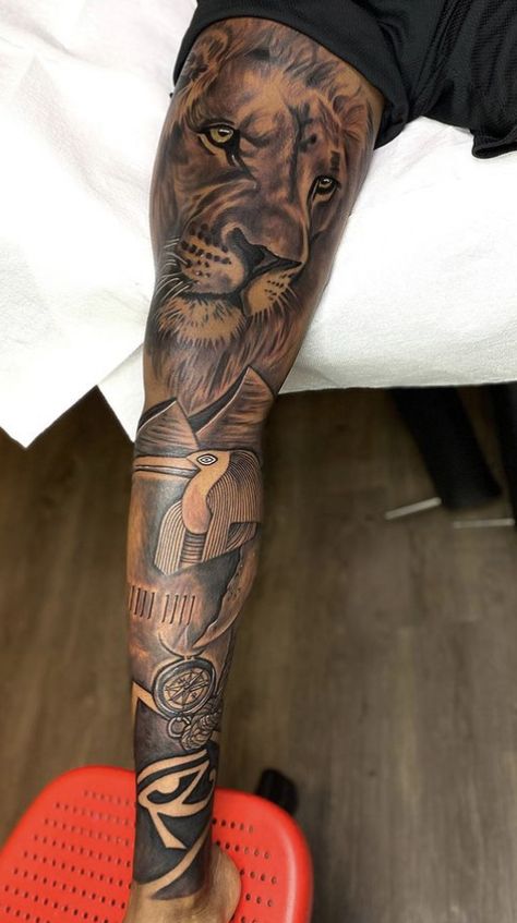 Greek Mythology Tattoos Men Leg, Tattoo Forearm Sleeve Men, Black Man Tattoo Sleeve, Leg Sleeve Tattoo Black Male, Leg Sleeve Tattoo Male For Men, Black Men Sleeve Tattoo, African Sleeve Tattoo Men, Mens Thigh Tattoos Ideas, Full Sleeve Tattoos For Guys Black