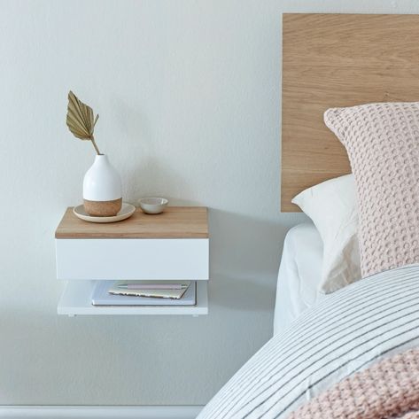 Floating Bedside Table Ideas, Beech Bedside Table, Slim Bedside Table, Wall Mounted Bedside Table, Floating Drawer, Floating Bedside Table, Under Bed Drawers, Floating Bed, Beach Room