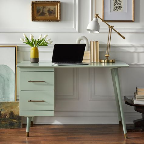 Green Home Aesthetic, Mid Century Writing Desk, Bedroom Ideas Green, Wallpaper Aesthetic Green, Kitchens Green, Aesthetic Wallpaper Green, Desk Green, Green Wallpaper Aesthetic, Green Living Room Ideas