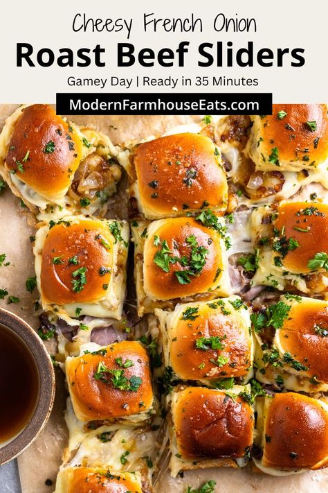 My absolute favorite sliders! French Onion Roast Beef Sliders are the ultimate party food and always a crowd-pleaser. Hawaiian sweet rolls are topped with deli roast beef, provolone cheese, caramelized onions, and my secret ingredient French onion sour cream, adding so much flavor!! Brush with garlic butter, bake until warm and melty, and serve with an easy homemade au jus! French Onion Roast, Philly Cheesesteak Sliders Recipe, Philly Cheesesteak Sliders, French Dip Sliders, Tender Roast Beef, Rolled Roast, Roast Beef Sliders, Cheesesteak Sliders, Cooking Roast Beef