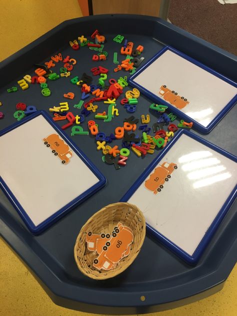 Magnetic letters on a tuff tray - use them to spell out the tricky words #tufftray #tuffspot #tufftrayideas #eyfsideas #eyfs #earlyyears #earlychildhoodeducation #writing #phonics #phase2 #trickywords #prek #kindergarten Tuff Spot Ideas Year 1, Literacy Provision Eyfs, Literacy Tuff Tray Ideas, Nursery Continuous Provision, Phonics Tuff Tray Ideas, Literacy Continuous Provision, Name Writing Tuff Tray, Phonics Tuff Tray, Phonics Games Eyfs