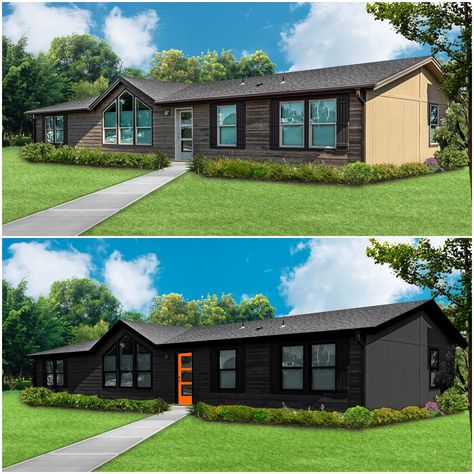 A modern contemporary before and after of a Manufactured modular prefab mobile home by Kit Custom Home Builders. Digitally rendered in black exterior paint and trim with an orange front door. Manufactured Home Window Trim, Black Manufactured Home Exterior, Black Manufactured Home, Black Modular Home, Mobile Home Modern, Black Mobile Home, Mobile Home Painting Exterior, Diy Exterior Makeover, Black Mobile Home Exterior