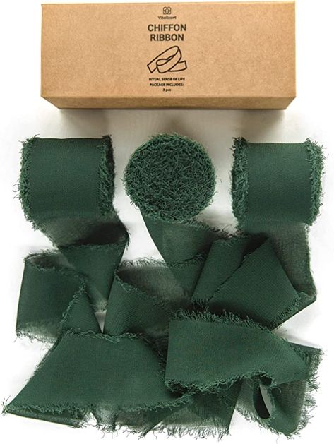 Amazon.com: Vitalizart 3 Rolls Handmade Fringe Chiffon Silk Ribbon 1.5" x 7Yd Dark Green Ribbons Set for Wedding Invitations, Bridal Bouquets, Gifts Wrapping, DIY Crafts Fringe Fabric, Chiffon Ribbon, Handmade Invitations, Gifts Wrapping, Gift Wrap Ribbon, Gift Wrapping Bows, Wrapping Party, Matte Foundation, Green Ribbon