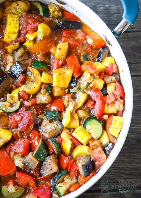 This Easy Skillet Ratatouille is my simple version of the famous French stewed vegetable dish of Ratatouille. This dish is made up of cooked eggplant, summer yellow squash, zucchini, tomatoes and seasonings. A great recipe for using up those summer vegetables. Yellow Squash And Eggplant Recipes, Eggplant And Yellow Squash Recipes, Butternut Squash And Eggplant Recipes, Eggplant Squash Tomato Recipe, Stove Top Ratatouille Recipe, Zucchini Ratatouille Recipe, Eggplant Zucchini Yellow Squash Recipes, Zucchini Yellow Squash Tomato Recipes, Simple Ratatouille Recipe