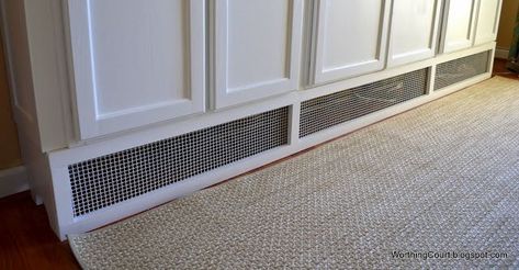 Float cabinet over baseboard heater Dresser Over Baseboard Heater, How To Hide Radiator In Kitchen, Built In Over Baseboard Heat, Built Ins Over Baseboard Heat, Cabinets Over Baseboard Heating, Heating Floor, Baseboard Radiator, Baseboard Heater Covers, Floor Heater