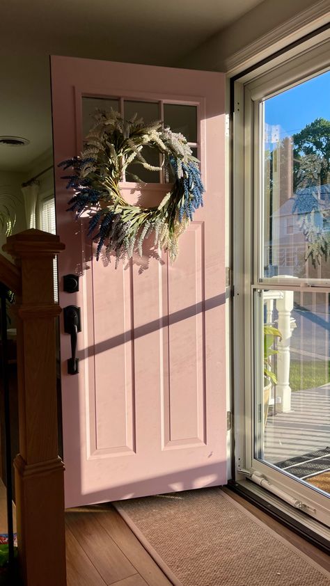 Pink Cottage Door, Dusky Pink Front Door, Pink Shutters, Exterior Shutter Colors, House Frontage, White House Black Shutters, Pink Doors, Cottage Front Doors, Pink Front Door