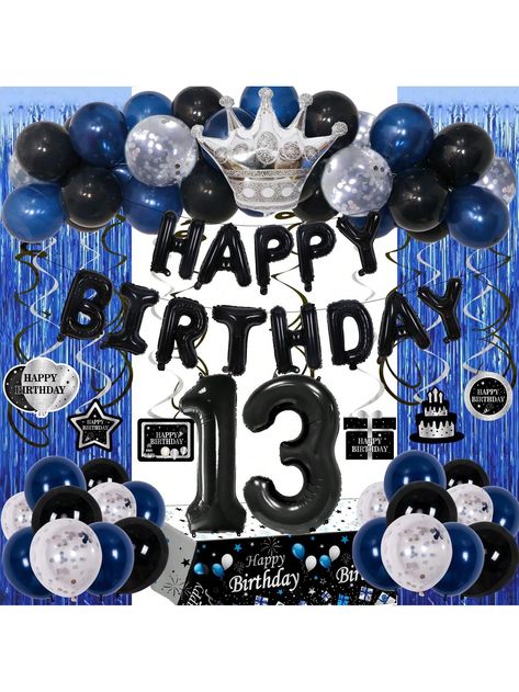 All-in-one 13th Birthday Decorations for Boys - 73PCS Great Value boys 13th birthday decorations include 1 x black HAPPY BIRTHDAY Balloons banner, 1 x 32" number 13 foil balloon, 2 x blue fringe curtains, 1 x birthday tablecloth, 6 x happy birthday pattern card, 6 x black hanging swirls, 6 x silver hanging swirls, 20 x 10" dark blue balloons, 15 x 10"black balloons, 10 x 12" silver confetti balloons, 1 x 12" crown foil balloon, 1 x balloon chain, 1 x dot stickers, 1 x ribbon. Happy 13th Birthday Decorations - This blue teen boy 13th birthday decorations are perfect for official teenager 13 bday party. It will be a great addition to your 13th birthday theme party, amazing to boost the atmosphere for your daughter and son's sweet 13th party over. Blue & Black Teen Boy 13 Birthday Decorations 16th Birthday Balloons, 13th Birthday Decorations, Fringe Curtains, Happy Birthday Balloon Banner, 18th Birthday Decorations, 16th Birthday Decorations, Boy Birthday Decorations, Happy 13th Birthday, Its A Boy Balloons