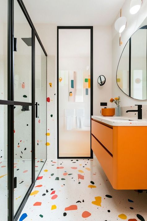 Bathroom Bright Color Ideas, White Bathroom With Colorful Accents, Orange Vanity Bathroom, Colorful Minimalist Bathroom, Colorful Kids Bathroom, Guest Bathroom Ideas, Vibrant Bathroom, Vanity Setup, Vanity Set Up