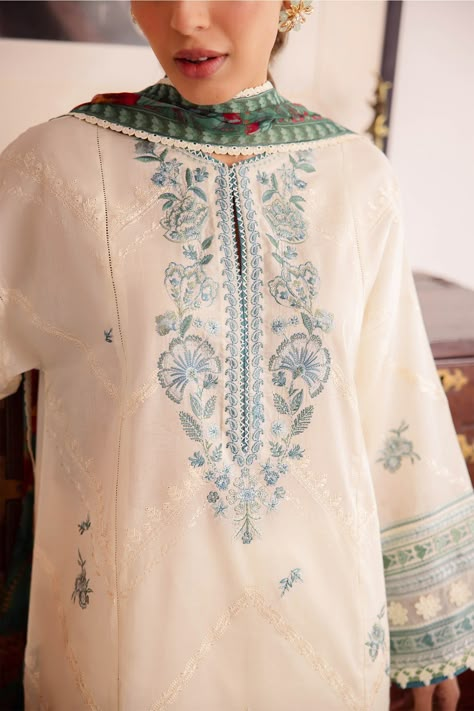 Brand: Zaha By Khadijah ShahProduct Code: ZL24-05A EIRACollection: Zaha By Khadijah Shah Summer Lawn CollectionFabric: Lawn DESIGN DETAILS: Embroidered Front Center Panel (Lawn) 1 Piece Embroidered Front Left Side Panel (Lawn) 1 Piece Embroidered Front Right Side Panel (Lawn) 1 Piece Dyed Back (Lawn) 1 Piece Embroidered Sleeves Left + Right (Lawn) 1 Pair Embroidered Sleeves Border 1 (Satin) 1 Meter Embroidered Sleeves Border 2 (Satin) 1 Meter Embroidered Sleeves Border 3 (Organza) 1 Meter Embroidered Hem Border (Organza) 1 Meter Digital Printed Duppata (Chiffon) 2.5 Meters Dyed Trouser (Cambric) 2 Meters Fabric details: Lawn, Organza, Satin, Chiffon, Cambric DISCLAIMER:* Lining, Laces, and Tassels are not included in unstitched variants.* Embellishment items in stitched outfits are subject Simple Kurta, Embroidery Fashion Detail, Embroidered Hem, Bell Design, Indian Salwar, Summer Lawn, Fashion Embroidery, Deco Pattern, Embroidered Sleeves