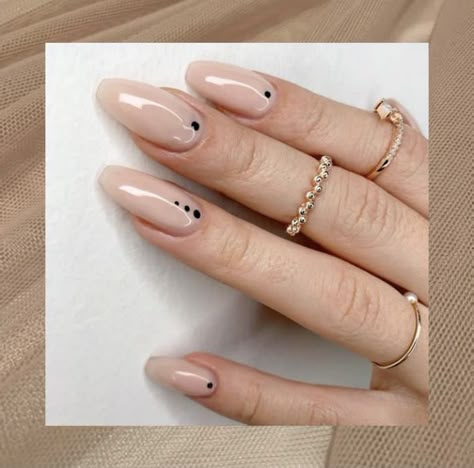 •Nude nails with black dots details• Acrylic Nail Designs Dots, Black Dot Manicure, Three Dots Nails, Black Tip Nails With Dot, Tan Nails With Black Design, Black Detailed Nails, Black Dot Nail Art, Nails With 3 Dots, Black Nails With Dots