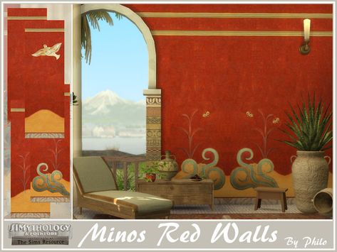 The Sims Resource - Simythology Minos Red Walls Knossos Palace, Living Room Sims 4, Minoan Art, Sims 4 Kitchen, Forest Mural, Sims 4 Bedroom, Free Sims 4, Sims Building, Geometric Cushions