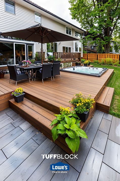 Learn how you can build a beautiful patio deck by following our step by step tutorial. Discover them in Lowe's today. Low Profile Deck, Deck Blocks, Back Deck Ideas, Multigenerational House Plans, Multigenerational House, Patio Deck Ideas, Build A Deck, Raised Deck, Patio Deck Designs