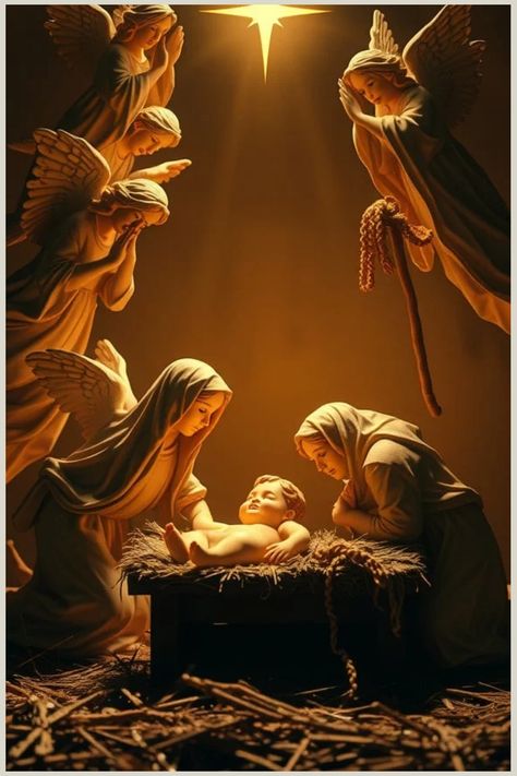 Nativity scene with angels watching over baby Jesus in a manger, illuminated by a bright star. Baby Jesus Birth, Jesus Birth Images, Christmas Jesus Pictures, Jesus Christ Birth, Jesus In A Manger, Christ Artwork, Jesus Birth, Birth Of Jesus Christ, Pictures Of Christ