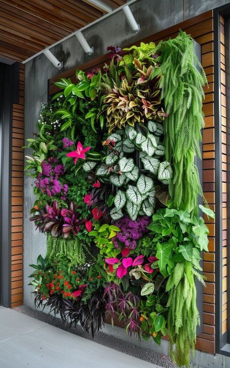 Containers: Select stylish containers that complement your interior design. Consider materials like ceramic, metal, or wood. Placement: Think about the placement of plants in relation to furniture and decor. Ensure they enhance rather than obstruct the flow of the room.   Hashtags  #IndoorPlants #WallCladding #GreenWall #VerticalGarden #MossWall #PlanterShelves #HangingPlanters #ClimbingPlants #FramedPlants #ReclaimedWood #HerbGarden #LEDPlantWall #ModularPlantWall #InteriorDesign #HomeDecor #Pl Vertical Veggie Garden, Green Wall Garden, Vertikal Garden, Wall Plants, Garden Business, Interior Design Plants, Artificial Green Wall, Garden Wall Designs, Indoor Plant Wall