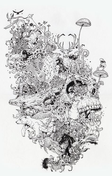 Kerby Rosanes' sketches contain a really impressive level of details, as well as a good dose of humor. Don't miss his tribute to Myiazaki. Stylo Art, Animorphia Coloring, Arte Doodle, Kerby Rosanes, White Drawing, Doodle Coloring, Art Et Illustration, Black And White Drawing, Art And Illustration