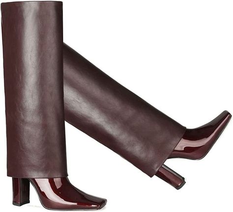 Knee High Extra Wide Calf Square Toe 4" Heels Pull On Trouser Leg Covered Boots Patent Leather Burgundy Knee High Boots, Over Knee High Boots, Extra Wide Calf Boots, Ladies Long Boots, Fall Sunglasses, Boots Wide Calf, Vintage High Heels, Knee High Boots Dress, Tall Winter Boots