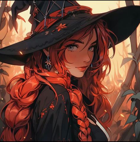 Redhead Witch Art, Halloween Discord Pfp, Redhead Witch, Anime Pp, Characters From Movies, Redhead Art, Witch Drawing, Fantasy Witch, Witch Girl