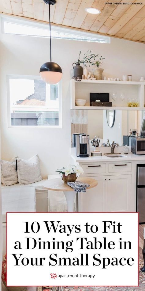 It's time to get creative with these tricks that will help you fit a dining area in even the smallest of living spaces.  #smallspaces #smalllivingroom #studio #diningroom #diningtable #smalldiningroom #smalldiningtable #diningarea #smallspacehacks #table #designtricks Small Condo Dining Table, Dine In Kitchen Ideas Small Spaces, Studio Dining Area Small Apartments, Tiny Kitchen And Dining Combo, Dining Tables For Small Apartments, Tiny Dinning Ideas, Tiny Home Dining Area, Small Condo Dining Area, Small Kitchen With Dining Area