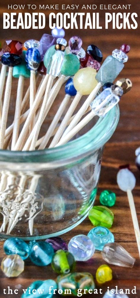 Beaded Cocktail Pick Tutorial ~ these pretty and festive cocktail picks are so easy to put together, you'll want to make a bunch of them to get you through the holiday season! #cocktails, #appetizers #crafts #beads #toothpicks #cocktailpicks #entertaining  via @https://www.pinterest.com/slmoran21/ Toothpick Crafts, Diy Party Crafts, The View From Great Island, Liquor Gifts, Cheese And Wine, Appetizer Picks, Diy Cocktails, Random Crafts, Festive Cocktails