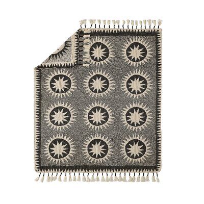 Designed by Justina Blakeney, the Throw blanket is Justina's modern spin on a traditional suzani quilt. The sun medallions are meant to radiate positive energy. The black dots combined with the suns symbolize the infinite nature of the cosmos. This pattern is featured on a cream background. The look is made complete by rows of tassels that give the modern throw a boho flair. Material 70% Polyester 30% Acrylic. Machine wash cold water, gentle cycle. Do not bleach and tumble dry low heat. | JUNGAL Radiate Positive Energy, Justina Blakeney, Chenille Throw, Blanket Black, Knit Throw Blanket, Plush Throw Blankets, Quilt Designs, Modern Throws, Woven Throw