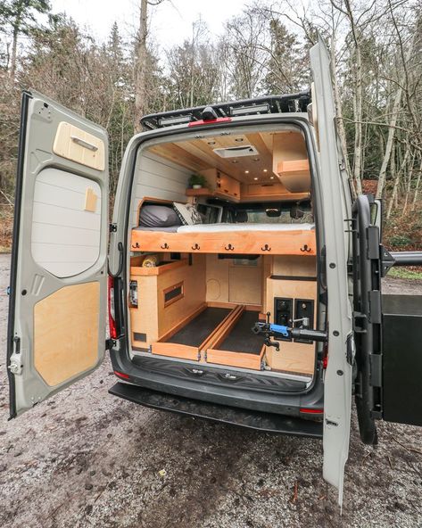 144 Sprinter Van Conversion, Vanlife Interiors, Bike Storage In Van, Ford Transit Conversion, House Van, Camper Box, Campervan Ideas, Mb Sprinter, Camper Build