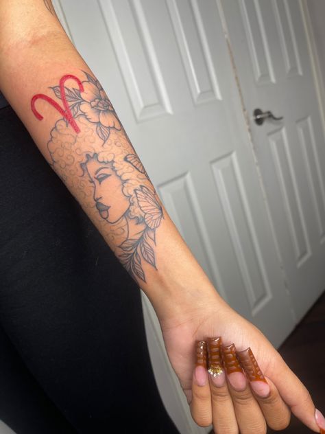 ARIES ASTROLOGY ZODIAC TATTOO RED INK BLACK GIRL TATTOO Aries Goddess Tattoo For Women, Tattoo Red Ink, Aries Zodiac Tattoos, Diamond Tattoo Designs, Quarter Sleeve Tattoos, Tattoo Red, Tattoo Shading, Hand Tattoos For Girls, A T