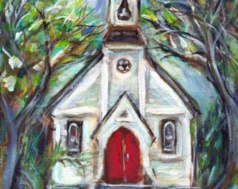 Little cute whimsical church chapel 8 x 10 original painting Church Painting, Old Country Churches, Country Church, Red Door, Painting Class, Pictures To Paint, Christian Art, Painting Projects, Painting Crafts