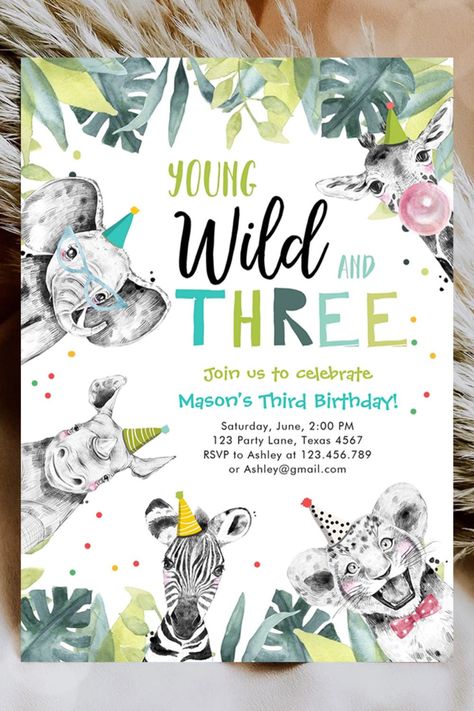 Young Wild and Three Safari Animals Boy Birthday Invitation Three Year Old Birthday Party Ideas, Wild Three Birthday Party Boy, Young Wild And Three Birthday Boy, Third Birthday Boy, Young Wild And Three Birthday, Third Birthday Boys, 3rd Birthday Party For Boy, Young Wild And Three, Third Birthday Party