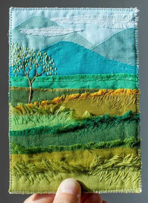 Landscape Applique Ideas, Fabric Collage Landscape Textile Art, Slow Stitching Landscapes, Applique Textile Art, Fabric Collage Quilt, Quilt Wall Hanging Ideas Fabric Art, Landscape Textile Art, Slow Stitch Landscape, Fabric Applique Art