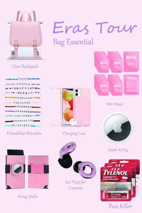 Eras Tour Bag Essentials, Eras Tour Set List In Order, Eras Tour Setlist Updated, What To Bring To The Eras Tour, Eras Tour Song List, Eras Tour Packing List, Eras Tour Checklist, Eras Tour Tips And Tricks, Eras Tour Must Haves