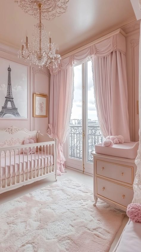 Luxurious Parisian nursery with pastel pink walls, vintage furniture, Eiffel Tower art, and golden light creating a dreamy Elegant Baby Girl Nursery, Luxury Nursery Girl, Love Shack Fancy Nursery, Vintage Pink Nursery, Paris Themed Nursery, Parisian Nursery, Luxury Baby Nursery, Pink Baby Nursery, Nautical Theme Nursery