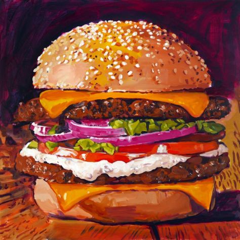 Walter Robinson, Cheeseburger. Courtesy of Dinner Gallery. In N Out Burger, In-n-out Burger, Food Artists, In N Out, Acrylic Paint On Wood, Food Painting, Burger And Fries, Acrylic On Wood, Painting Still Life