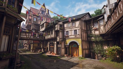 ArtStation - Medieval Village - Unreal Engine 4, Kim Se Hun Game Art Environment, Bush Plant, Medieval Village, Tudor House, Unreal Engine, Post Lights, The Witch, Interesting Articles, Mendoza