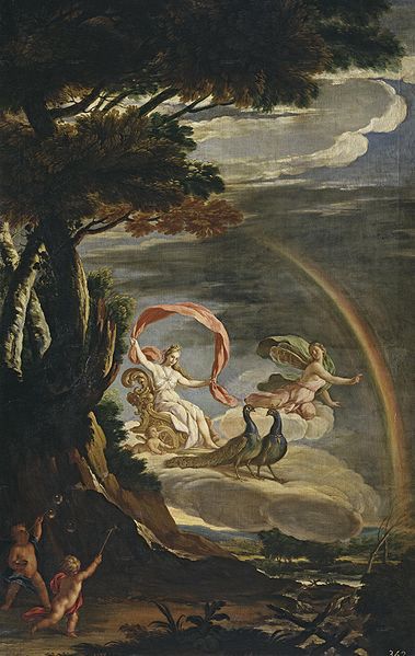 Iris was not only the goddess of the rainbow but was also depicted as the handmaiden of Hera. In Roman mythology she is depicted as Juno's personal messenger, while Mercury is Jupiter's personal messenger. This famous painting "Juno and Iris" by Antonio Palomino shows Iris and Juno together. Allegorical Paintings, Iris Goddess, Leeds Art Gallery, Greek And Roman Mythology, Greek Mythology Art, Mythology Art, Greek Goddess, The Goddess, Greek Gods