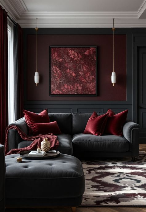 Dark Grey Couch Living Room Maroon And Gray Living Room, Dark Burgundy Living Room, Dark Maroon Living Room, Dark Red Living Room Ideas, Dark Room Color Ideas, Moody Red Living Room, Black And Red Home Decor, Deep Red Interior Design, Dark Red Walls Living Room