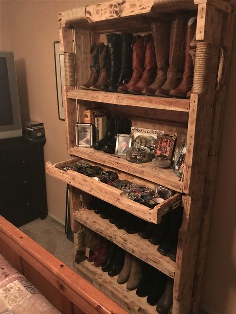 Asked my boyfriend for a Boot rack and this is what I got! Complete with drawer for belt buckles. ❤️ Boot And Shoe Rack, Rustic Closet Ideas Small Spaces, Boot Storage Ideas Closet, Cowgirl Boot Storage, Cowboy Boot Storage Ideas, Cowboy Boot Rack Ideas, Boot Holders Diy Shoe Storage, Western Boot Storage, Western Bedroom Storage Ideas