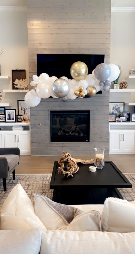 Living Room Balloon Garland, Balloon Arch Mantle, Balloon Arch On Mantle, Balloon Arch Fireplace Mantle, Balloon Garland On Fireplace Mantle, Balloon Garland Fireplace Mantle, House Warming Balloon Garland, Balloons On Fireplace, Balloon Garland On Mantle