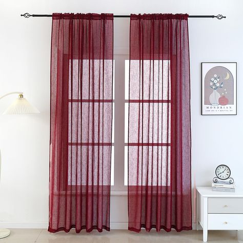 PRICES MAY VARY. 🌈Package Includes: Each package includes 2 panels of burgundy sheer curtains, measuring 52 wide. Available in multiple colors and sizes. The top of sheer curtains designs a mode of rod pocket that sewn a hole on the top of the curtain, making drapes easy to install and wash. 🌈Premium Textured: Our sheer curtains are made of polyester, and they have a luxurious poly linen texture and allow light into your room, their looks and touch are great. 🌈Privacy Semi Sheer: These hangin Traditional Family Rooms, Burgundy Curtains, Burgundy Living Room, Window Curtains Bedroom, Purple Curtains, Cute Curtains, Pocket Window, Layered Curtains, Inside Decor